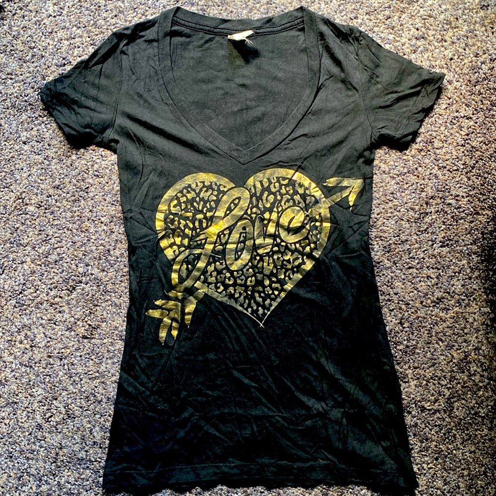 Gold Foil “Love” Heart V Neck Tee Shirt